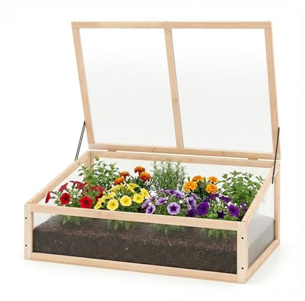 COSTWAY Serra in Legno, Mini Serra con Tetto Trasparente Apribile, Letto Rialzato da Interno ed Esterno per Balcone, Giardino e Veranda (Naturale)