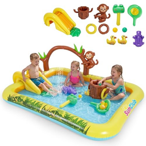 COSTWAY Aufblasbares Spielzentrum mit Rutsche, Jungle Adventure Kinderpool mit Planschbecken, AFFE, Sprinkler & Baumstumpf, Wasserspielplatz mit Zubehör, Wasserpark für Kinder ab 2 Jahren