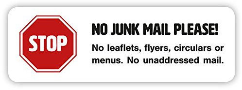 2 x No Junk Mail Stickers - Self-adhesive Sign in White for Door or Letterbox (Medium 99 x 33 mm)