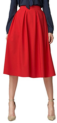 Urban GoCo Midi Jupe Plissée de Femmes Vintage De A-Ligne Taille Haute Jupe Longue avec Poches Rouge XL