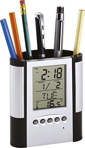 Pot à crayons avec réveil LCD, pot à crayons, thermomètre, horloge, date, calendrier, pot à crayons pour le bureau