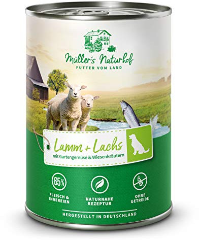 Müllers Naturhof - Lamm und Lachs - 6 x 400 g - Nassfutter für alle Hunderassen - getreidefrei und glutenfrei - mit Gartengemüse und Wiesenkräutern - naturnahe Rezeptur mit 65% Fleisch und Fisch