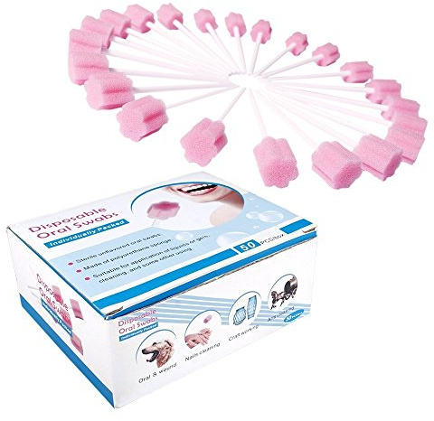 Ystdebris Disposable Unflavored Oral Mouth Cleaning Care Sponge Swabs, 50 Count (Pink)