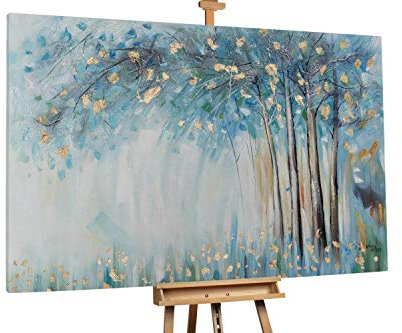 KunstLoft® XXL Gemälde 'Im dichten Nebel' 180x120cm | original handgemalte Bilder | Bäume Blätter Blau Beige | Leinwand-Bild Ölgemälde einteilig groß | Modernes Kunst Ölbild