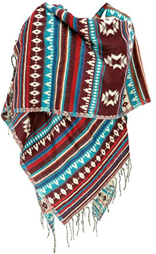 GURU SHOP Inka Ponchoschal, Poncho, Cape Schal - Rotbraun/petrol, Damen