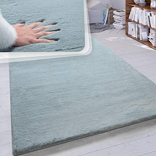 Paco Home Hochflor Teppich Wohnzimmer Schlafzimmer Shaggy Modern Flauschiger Fellteppich Weich Fell Imitat Kunstfell Einfarbig, Grösse:80x150 cm, Farbe:Türkis