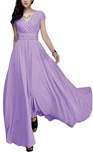 Minetom Abito Donna Lunga Vestito da Cocktail da Sera Elegante Damigella d'Onore Linea Ad A Stile Chiffon Scollo A V Manica Corta Abito (40, Viola Chiaro)