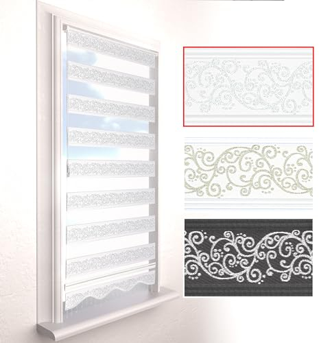 Brillant Doppelrollo Klemmfix ohne Bohren Weiß Silber 200 x 90 cm (Länge x Breite) Duorollo Blickdicht mit Perlen, glitzert, Raffrollo Fenster Tür Zebra Perde Klemmrollo Seitenzugrollo