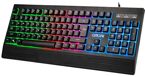 CHONCHOW Ergonomische LED-Regenbogen-Tastatur für Spiel und Arbeit, USB-verdrahtet, beleuchtete Gaming-Tastatur mit Handballenauflage, 104 Tasten, leise RGB-Tastatur für PC, Xbox, PS4, PS5, Laptop