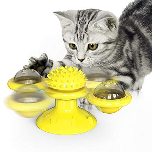 Momolaa Moulin à Vent Chat, Jouet pour Chat Moulin à Vent,Tournant avec Herbe à Chat et Boule LED Jouet Interactif Jouet Massage pour Chats Chatons (Jaune)