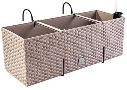 PAFEN Blumenkasten Blumentopf Rattan-Optik mit Halterungen 4 Farben Pflanztopf Wasserstandsanzeiger Balkonkasten Pflanzkästen Mocca