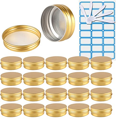 ZEOABSY 20 Pièces 60ml Pots en Aluminium Vide Rond Or Petit Cosmétiques Pot Conteneurs for Fait Main Bougies Crème Baume Voyage, 5X Spatule, 1x Étiquettes