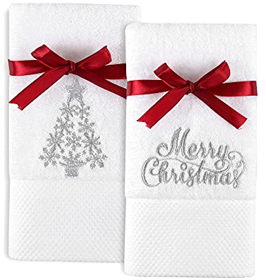 2 Stück Weihnachtshandtücher, 100 % Baumwolle, bestickt, Premium-Luxus-Dekoration, Badezimmer, dekoratives Geschirrtücher-Set zum Trocknen, Reinigen, Kochen, Urlaub, Handtücher, Geschenkset, 34x75 cm