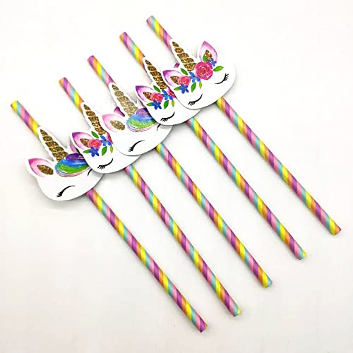 YiYaO Colored Paper Drinking Straws, 20 Packs, FDA Approved, Unicorn Themed, Colorful Striped, Suitable for Birthdays, Weddings, Baby Showers and Parties