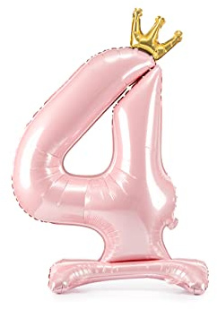 Folienballon Zahl 4 rosa Krone mit Standfuß 84cm