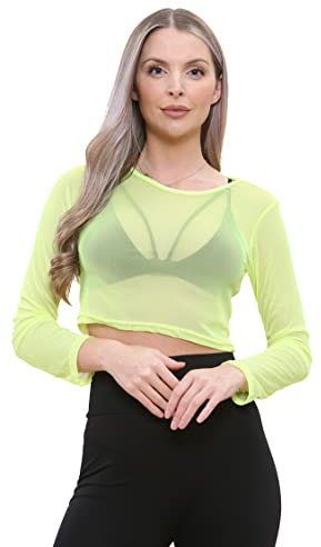 WearAll Womens Sheer Mesh Crop Top Ladies Long Sleeve Crew Neck Plain Stretch New - Neon Yellow - 12-14
