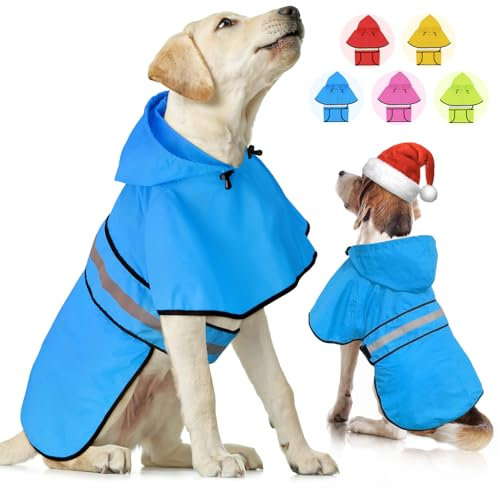 Weesiber Hunderegenmantel, Reflektierender Hund Regenmantel mit Leinenloch, wasserdichte Regenjacke Hunde Verstellbarer Hundeponcho Mit Kapuze (L, Blau)