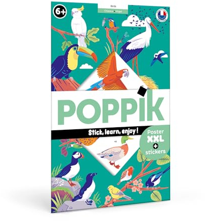 POPPIK 1841149 Sticker-Poster, Vögel, interaktives Lernposter mit Aufklebern, mehrsprachiges Vogelposter, für Kinder ab 6 Jahren, 68 x 100 cm, Farbig