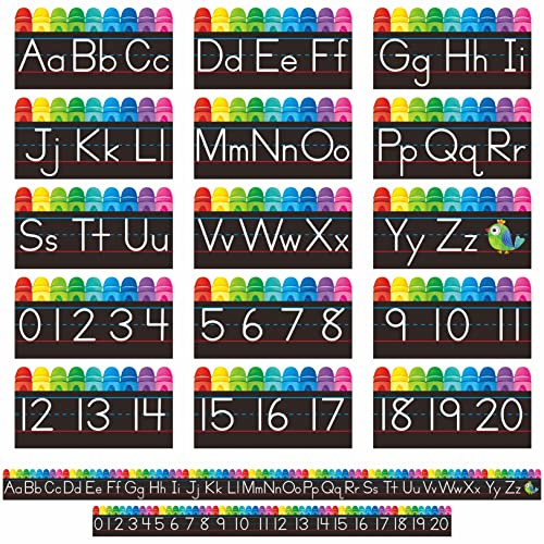 Lot de 15 tableaux d'affichage alphabétiques découpés en forme de crayon - 26 lettres majuscules et minuscules + chiffres de 0 à 20 - Pour maternelle, salle de classe, salle de jeux, chambre à coucher
