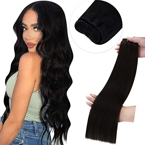 LaaVoo Echthaar Tressen 60cm Haarverlängerung Echthaar Weft Extensions Lang Tressen Echthaar Sew in Weft Extensions Echthaar Doppelt Tressen Echthaar Glatt 100g