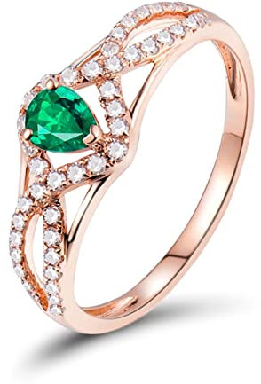 Engagement Ring Rose Gold 18K, Wedding Engagement Ring Rose Gold 0.3ct Emerald Pear Shaped With 0.22ct Diamonds Rings Engagement Gifts Size J 1/2