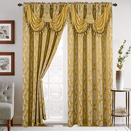Elegant Comfort Vorhang-Set in Jacquard-Optik mit angenähtem Wasserfall-Volant, 137 x 213 cm, Gelb