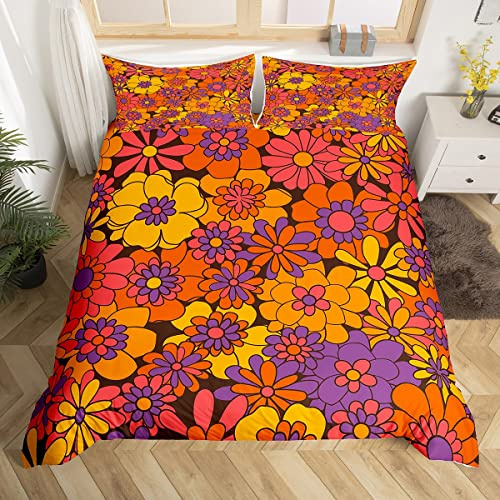 Homewish Adults Women Boho Floral Duvet Cover Double Size Vintage Bohemian Hippie Flower Power Bedding Set Cute Retro Groovy Botanical Comforter Cover Trippy Bed Set With Zipper 3 Pcs