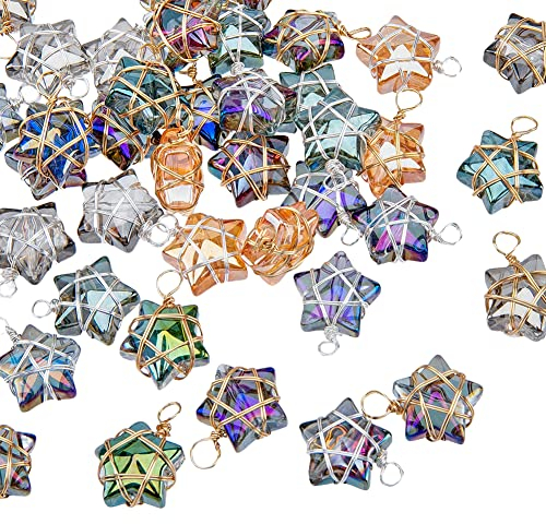 SUPERFINDINGS 40Pcs Glass Star Charms Wire Wrapped Star Pendants AB Color Electroplate Glass Charms Mixed Color Crystal Dangle Charm for Earring Bracelet Necklace Jewellery Making,Hole:1.5-2mm