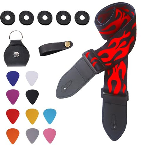 Febsow Verstellbarer Gitarrengurt, Plektrum, Gurtschloss, Lederbandknopf, Plektrum Tasche