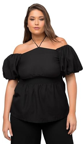 Ulla Popken Top Tipo Blusa, Escote Carmen, Media Manga, Fruncido Smock Negro 50+ 816742130-50+