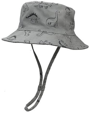 Magwave Baumwolle Sonnenhut für Kinder, Breite Krempe Dinosaurier Fischerhut mit Verstellbarem Kinnriemen, UV-Schutz Sommerhut für 0-8 Jahre Baby und Kinder (50, 12-24 Monate, Dunkelgrau)