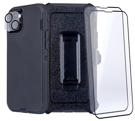 WallSkiN Case for iPhone 15 (6.1) with Camera & Screen Protectors | Heavy Duty Full Body Military Grade Drop Protection Carrying Cover Holder | Holster for Men Belt with Clip Stand – Black