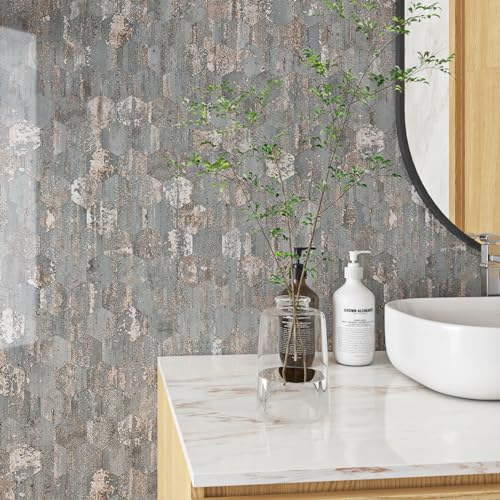 Livelynine Self Adhesive Concrete Wallpaper 40CMx10M Waterproof Bathroom Wallpaper Grey and Pink Kitchen Vinyl Wrap Geometric Wall Paper Sticky Back Plastic for Kitchen Backsplash Hexagon Furnitur