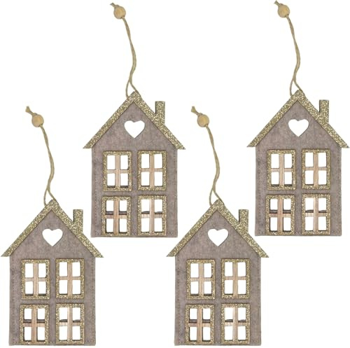 MIJOMA 4 Stück Set Weihnachtliche Filzanhänger, Wunderschön als Christbaumschmuck, für Adventsgesteck, Filz mit Holzelementen & Glitzer verziert, Schlaufe zum Anhängen (Haus 4 Fenster - beige)