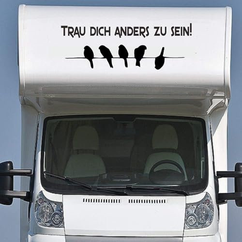 Rakelfix Wohnmobil Wohnwagen Aufkleber Vögel auf Leine Typ2 ca 130cm Trau Dich Anders zu Sein Sticker Autoaufkleber
