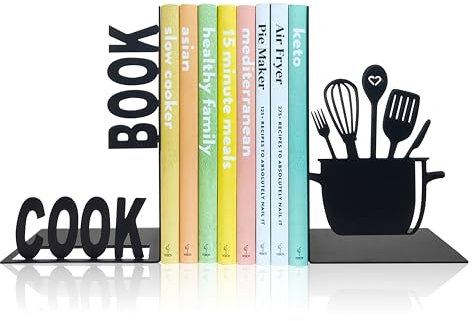 Ecqizer Lot de 2 Serre-Livres de Cuisine décoratifs en métal avec Motif Livre de Cuisine 3D, revêtement en Poudre, Noir, pour Cuisine, Bureau, Maison, école