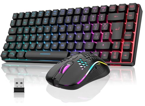 RedThunder 75% Teclado Inalámbrico Gaming,Retroiluminación Arco Iris Dinámica,Ratón Celular Ligero de 3200 dpi,Teclado Ultra-Compacto 85 Teclas Anti-ghosting,Disposición ES,para PC/PS5/Xbox
