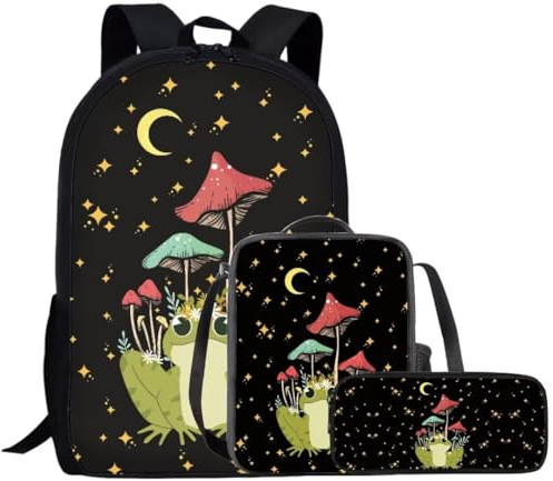 Beauty Collector Rucksack und Lunchtasche mit Frosch-Aufdruck für Mädchen mit Federmäppchen, personalisierbar, Schulrucksack-Set, Schwarzer Sternpilzfrosch, Large, Rucksack, Rucksäcke