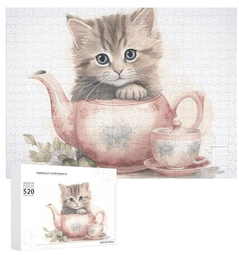 Jigsaw Puzzles for Adults Jigsaw Puzzle Cat Holding Teacup Challenging Game Puzzle with Letters on Back Personalized Puzzle Perfect for Game Nights Home Decor Gift