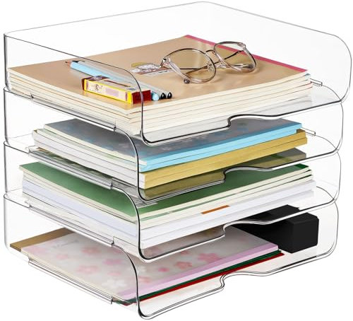 Desk Letter Tray Set, A4 Size Clear PET Stackable Document Organizer Office Desktop File Paper Holder Book Storage Rack Side Load Anti-Skid Stacking Support Convex Bottom