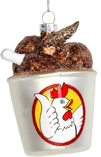 Christbaumschmuck 10,4cm Glas - Hähnchen im Eimer Figur zum Aufhängen - handbemalt & mit Glitzer - Weihnachtsbaum Anhänger für Weihnachten - Christbaumanhänger & Weihnachtsbaumschmuck - Essen Weiß