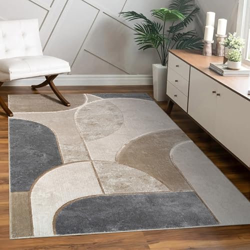 Paco Home Teppich Wohnzimmer Schlafzimmer Kurzflor Geometrisches Muster Bogen Motiv Abstraktes Design 3D Optik Deko Grau Beige, Grösse:200x290 cm