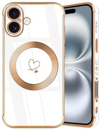 JRIANY Magnetic for iPhone 16 Case, Compatible with MagSafe Silicone Case Design Love Heart Pattern Protective Flexible Shockproof Phone Case Cover Compatible with Apple iPhone 16 6.1-Inch - White