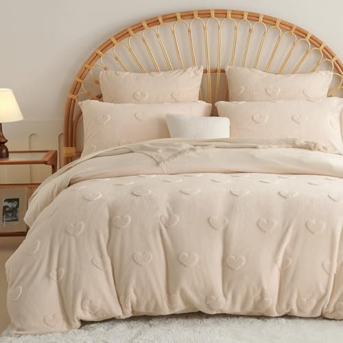 Freyamy Plüsch Bettwäsche 135x200cm 4teilig Beige Getuftet Herz Flauschig Winterbettwäsche Flanell Coral Fleece Cashmere Touch Deckenbezug Warme Bettbezug mit Reißverschluss und 1 Kissenbezug 80x80cm