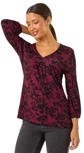 Roman Originals Leaf V Neck Stretch Jersey Top for Women UK Ladies Pleated Shirt Notch V Neck Blouse Summer Tunic Spring Pull-On Soft Evening Holiday Work Party Everyday - Wine - Size 12