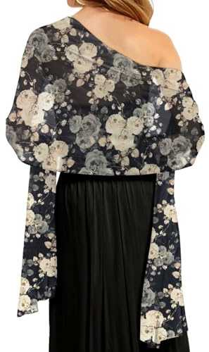 Damen Chiffon Wraps Schals und Tücher für Abendkleid Elegante Hochzeit Cover Up,Schwarz Blume Weiß