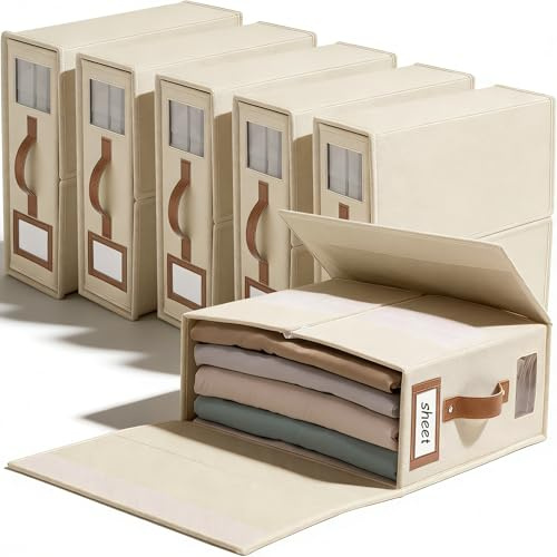 SwartLife Lot de 6 Rangement Drap de Lit en Lin - Organisateur de Linge de Maison Pliable pour Draps King Size & Couettes - Boîte de Rangement Armoire avec Fenêtre & Étiquette - Ivoire
