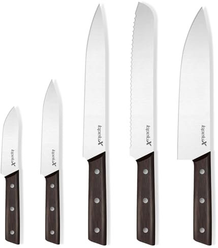 micocali Kitchen Knife Set - 5 Piece Knife Set, Natural Wood, Stainless Steel Knivese with Chef, Bread, Utility, Paring Knife for Cutting Meat/Vegetables/Fruit