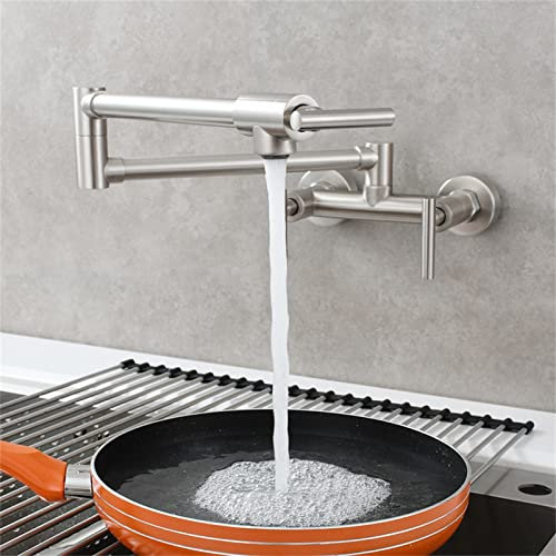JDSHFEN Topffüller-Wasserhahn Wandmontage 3 Griffe Doppellöcher Klappbarer Küchen-/Restaurant-Spülenhahn aus massivem Messing mit Doppelgelenk-Schwenkarm gebürstet,