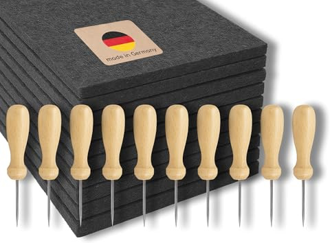 miki projekt 10x Prickel Set - Made in Germany - 10x ergonomische Prickelnadel Holz + 10x Prickelunterlage Filz (20x15x1 cm) - XXL Prickelset für Gruppen - Vorteilspreis – sicheres Prickeln